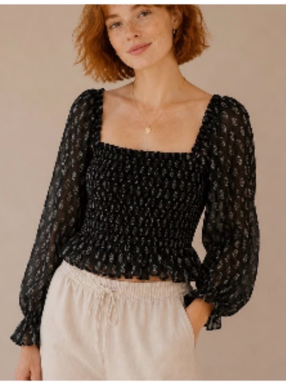 Patrons of Peace Black Smocked Square-Neck Blouse with Sheer Balloon Sleeves